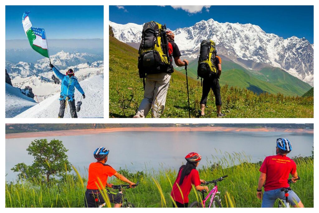 Junge Reisende beim Wandern und Campen in der Natur Usbekistans